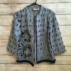 CHICOS TEXTURED BLAZER WITH APPLIQUED FLORAL FRONT